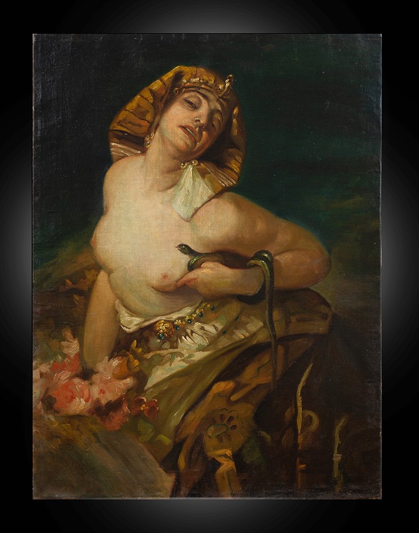 Dipinto antico olio su tela raffigurante "Clopatra".Napoli XIX secolo.