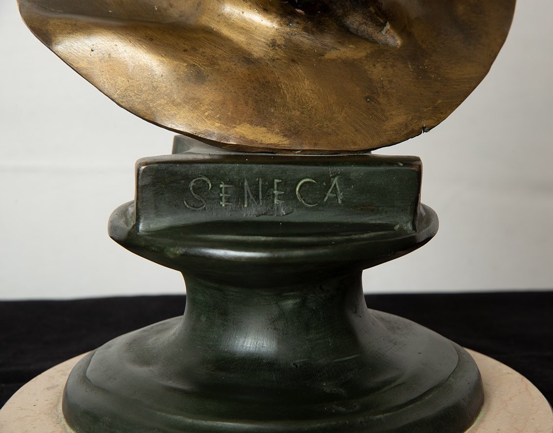 Scultura antica in bronzo brunito raffigurante testa del filosofo Seneca.-photo-2