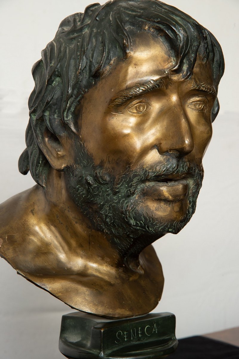 Scultura antica in bronzo brunito raffigurante testa del filosofo Seneca.-photo-3