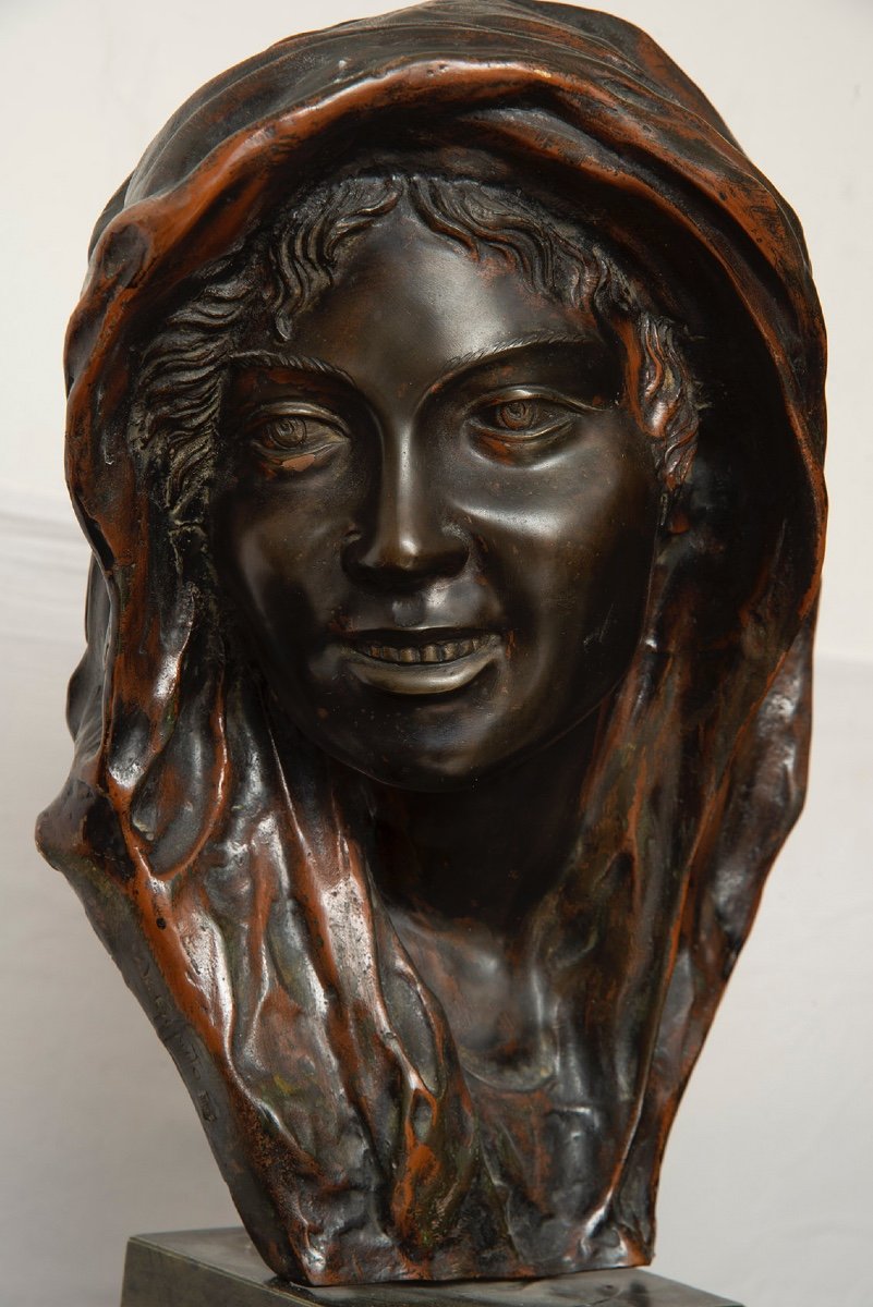 Scultura antica in bronzo brunito raffigurante testa di donna(NINA) firmata Gemito.-photo-2