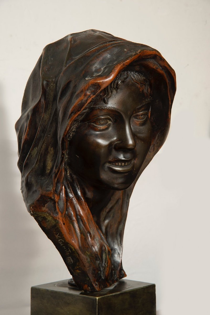 Scultura antica in bronzo brunito raffigurante testa di donna(NINA) firmata Gemito.-photo-3