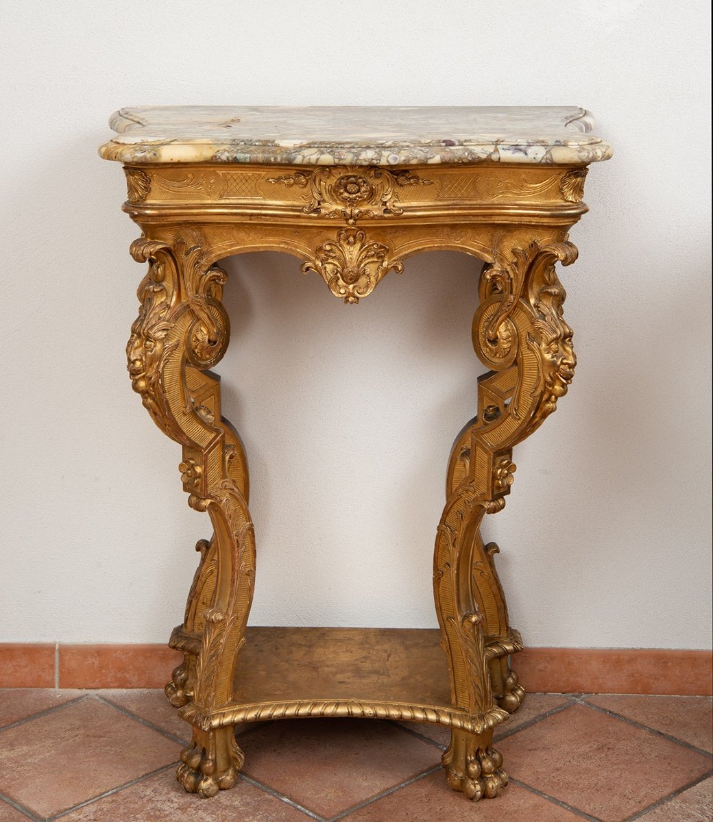 Consolle antica Luigi XV Genovese in legno dorato e intagliato.-photo-2