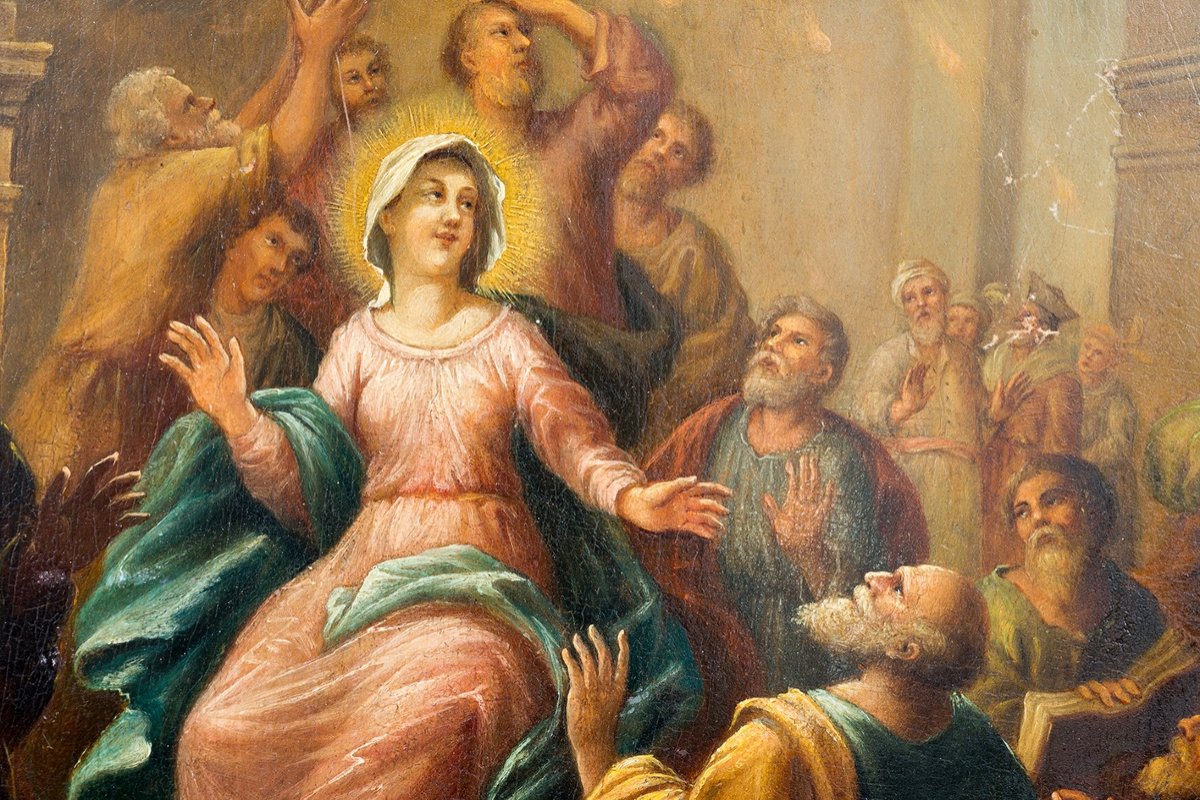 Dipinto antico olio su tavola di scuola Lombarda raffigurante la Pentecoste.-photo-2