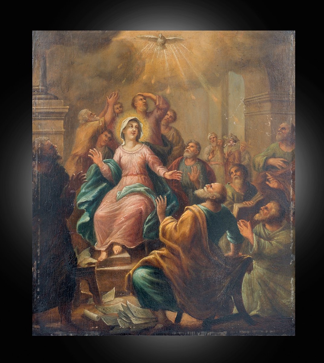 Dipinto antico olio su tavola di scuola Lombarda raffigurante la Pentecoste.