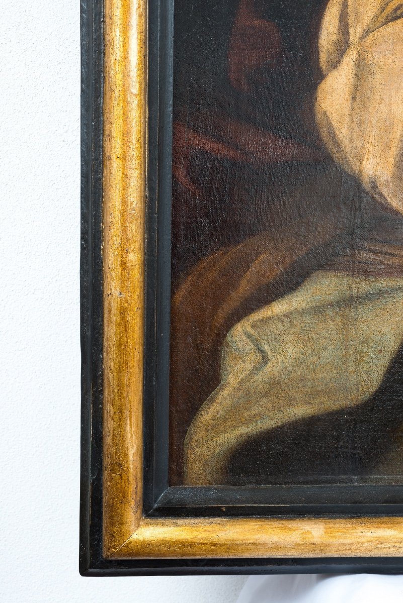 Dipinto antico olio su tela raffigurante "Giuseppe e la moglie di Putifarre". Marche XVII sec.-photo-2