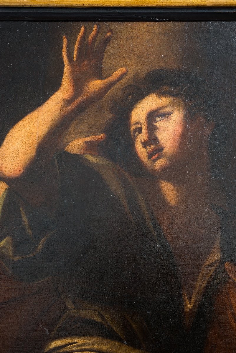 Dipinto antico olio su tela raffigurante "Giuseppe e la moglie di Putifarre". Marche XVII sec.-photo-3