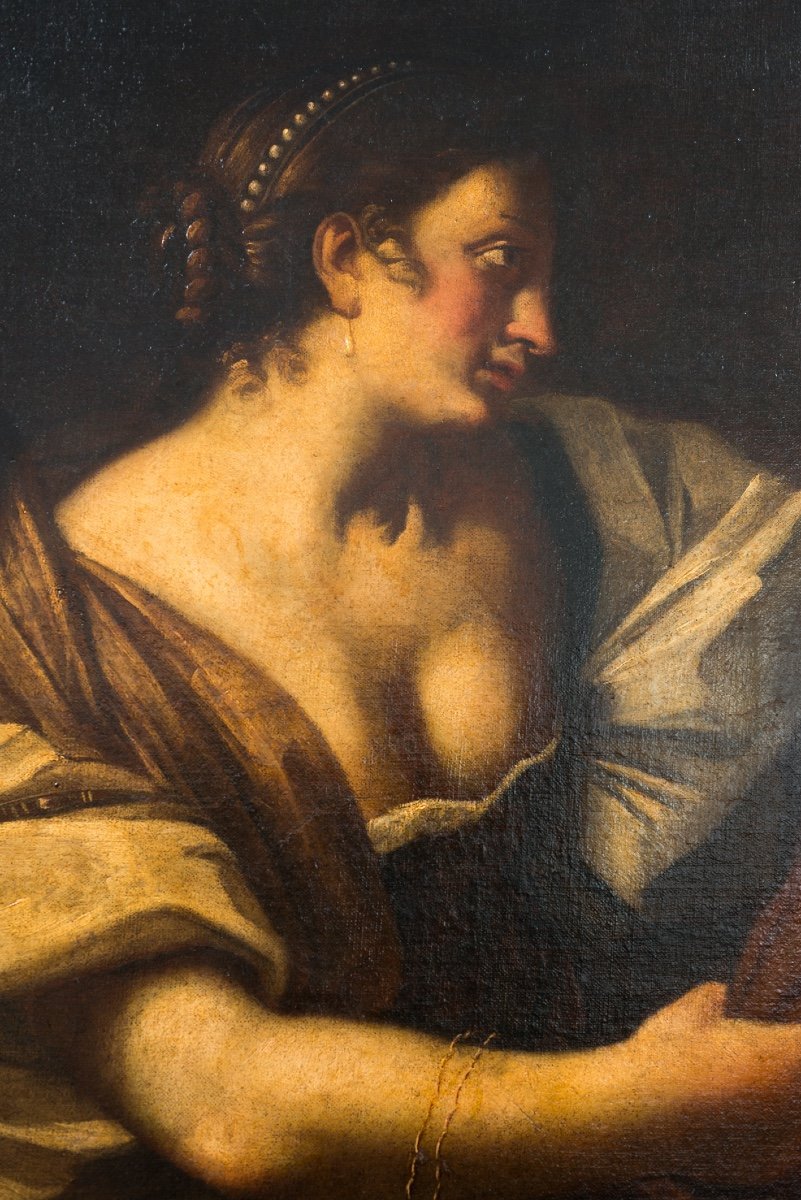 Dipinto antico olio su tela raffigurante "Giuseppe e la moglie di Putifarre". Marche XVII sec.-photo-4
