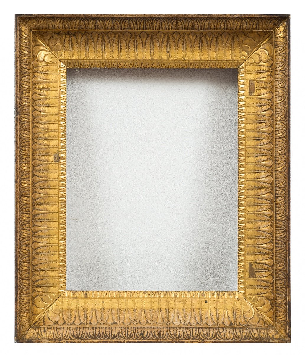 Cornice antica Impero Napoletana in legno dorato e intagliato.
