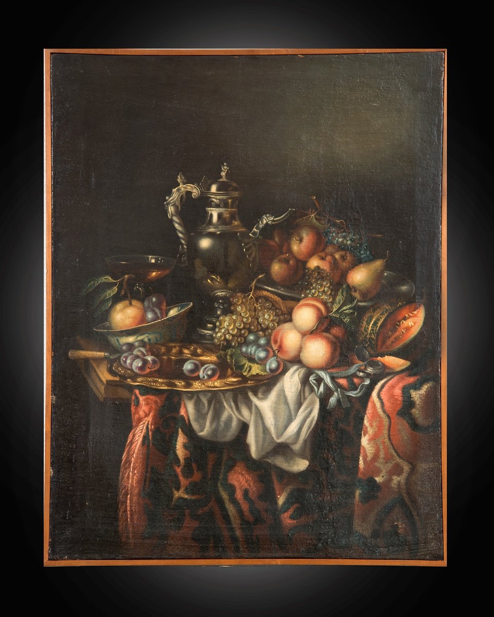 Dipinto antico olio su tela di provenienza Fiamminga raffigurante natura morta con frutta. 