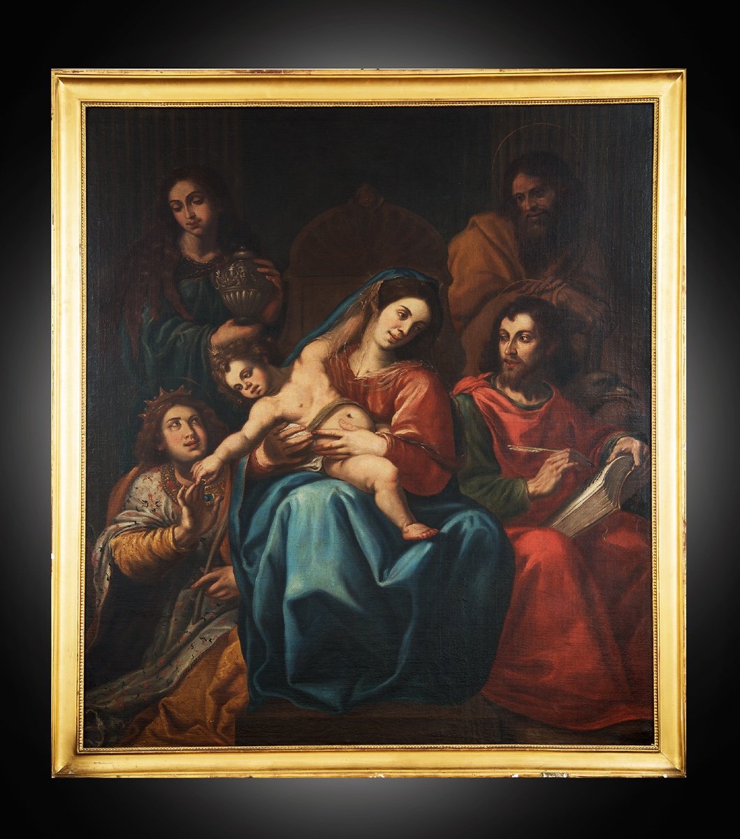 Dipinto antico olio su tela raffigurante il Matrimonio mistico di Santa Caterina. 