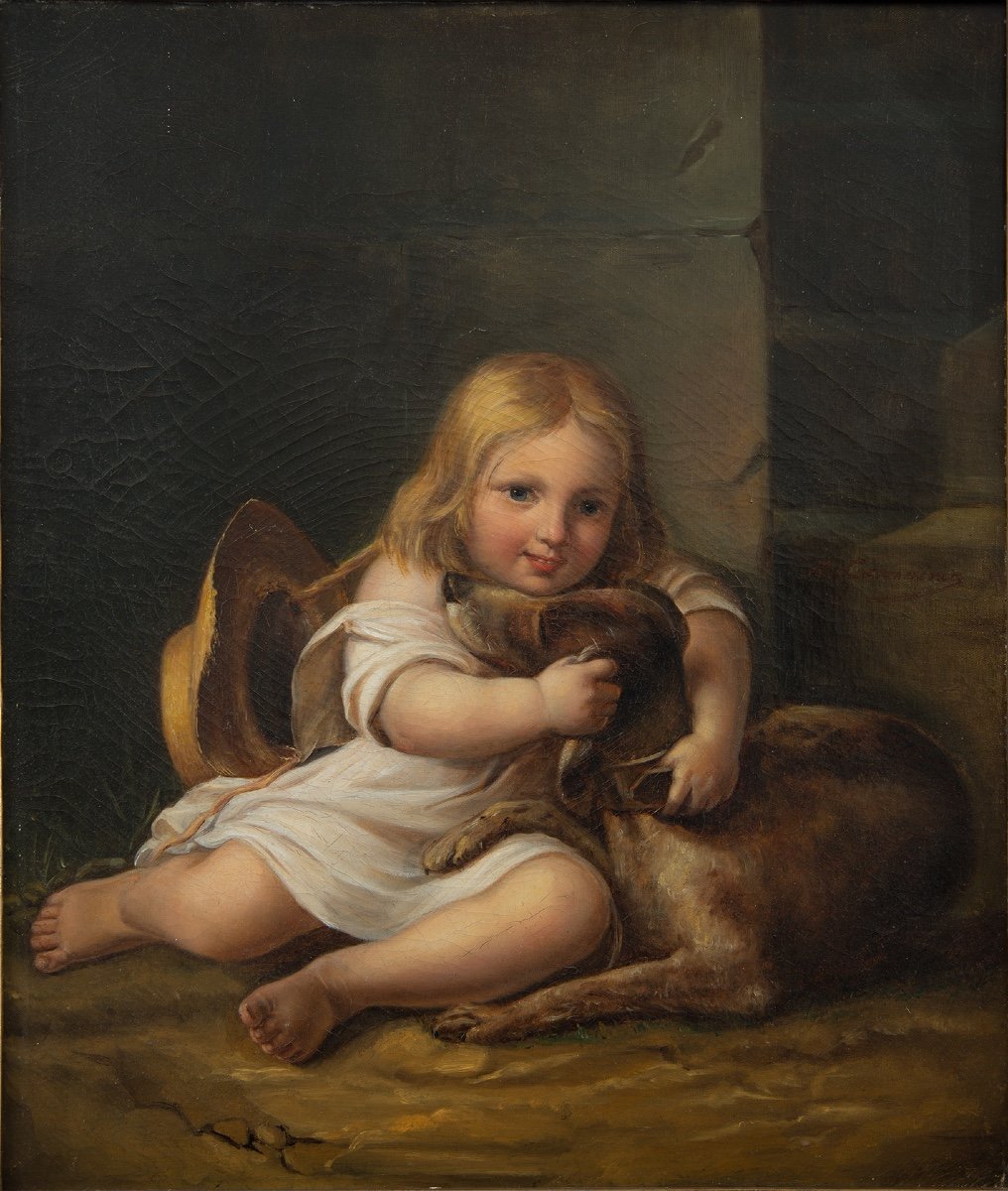 Dipinto antico olio su tela raffigurante una bambina con il cane firmata "A.Lemoine" (1809-1839-photo-2