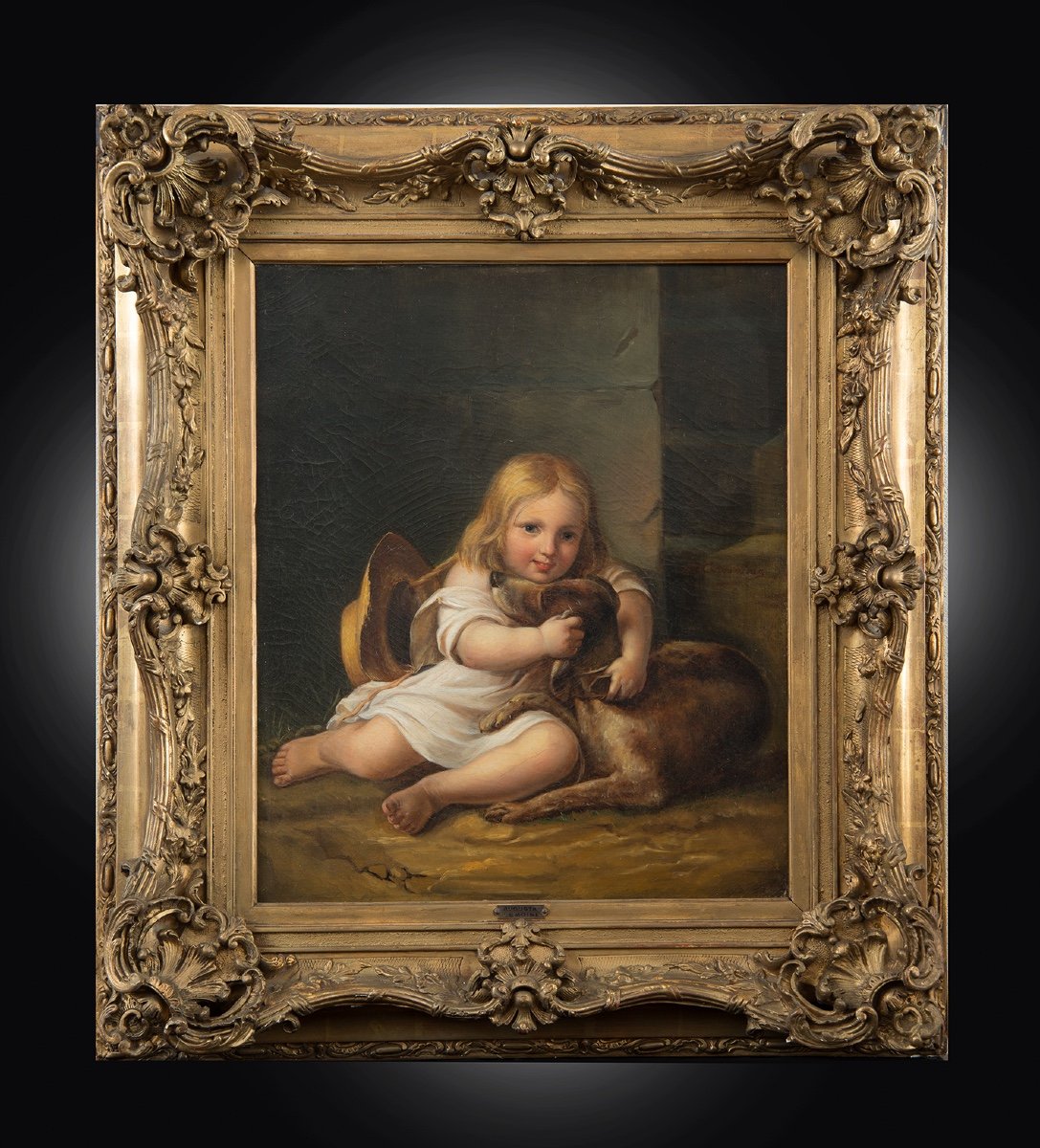 Dipinto antico olio su tela raffigurante una bambina con il cane firmata "A.Lemoine" (1809-1839