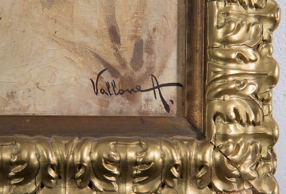 Coppia di dipinti antichi olio su tela firmati" Antonio Vallone". Periodo XX secolo.-photo-4