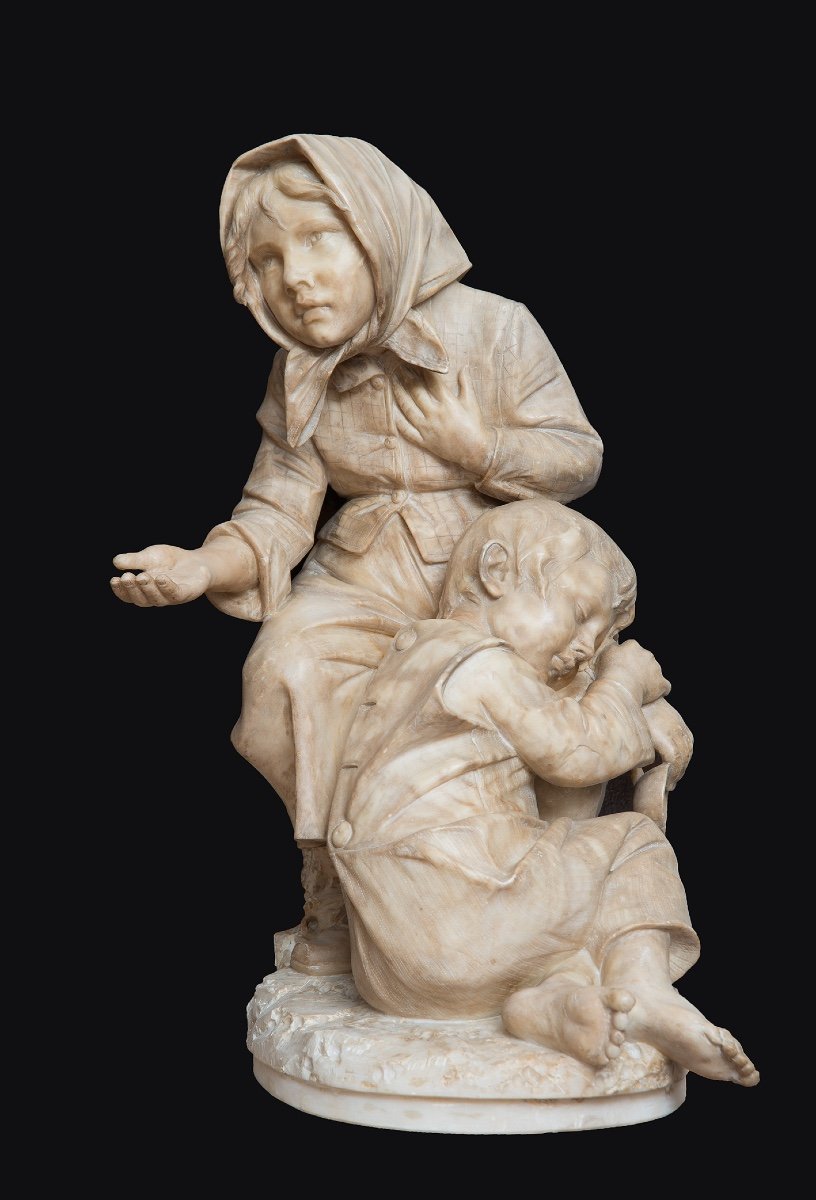Scultura antica in alabastro raffigurante i figli mendicanti attribuita a"Antonio Frilli".