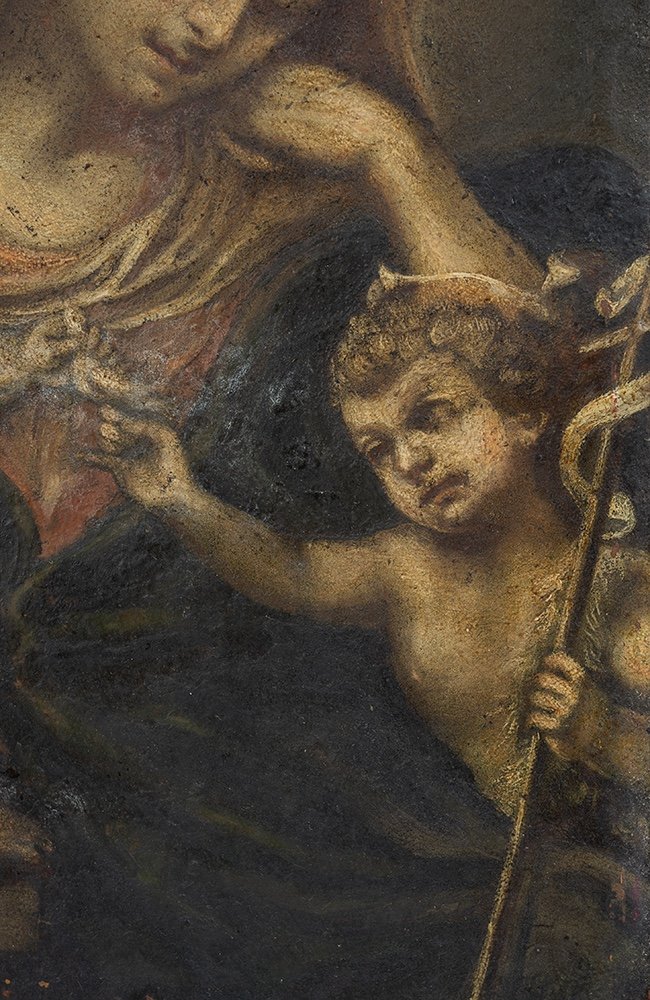  Dipinto antico olio su rame raffigurante Madonna con Bambino e San Giovannino.-photo-2