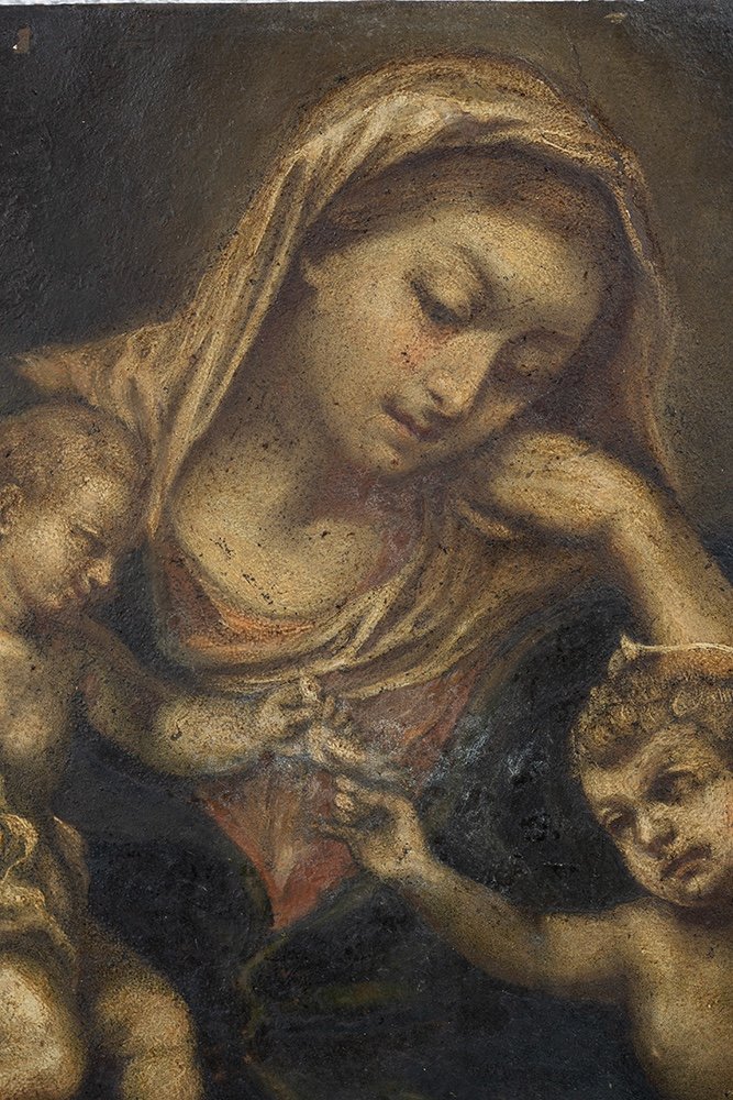  Dipinto antico olio su rame raffigurante Madonna con Bambino e San Giovannino.-photo-3