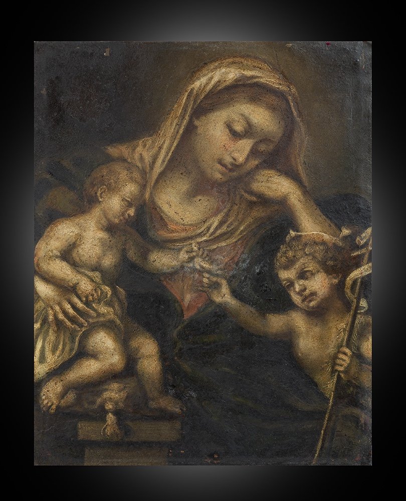  Dipinto antico olio su rame raffigurante Madonna con Bambino e San Giovannino.