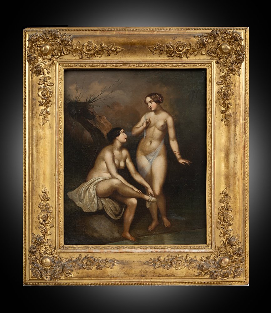 Antico dipinto olio su tela raffigurante Ninfee al bagno 19secolo