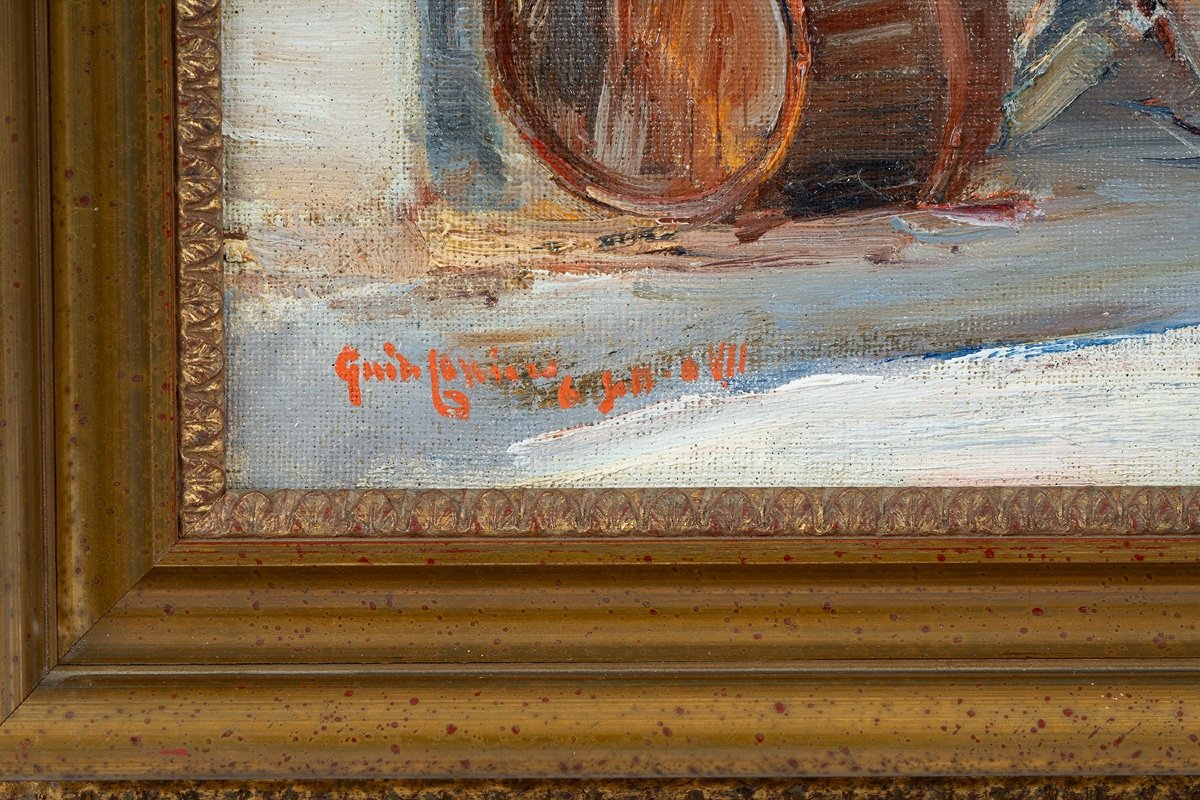 Dipinto olio su tela raffigurante cortile rustico firmato in basso a sinistra Guido Casciaro.-photo-3
