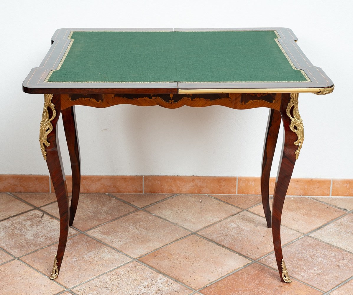 Tavolino da gioco Napoleone III Francese in legni policromi con innesti di elementi in bronzo-photo-4