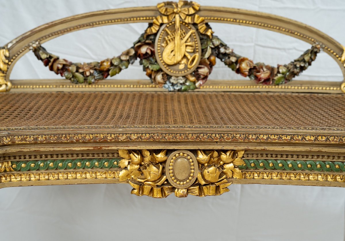 Panchetta antica Napoleone III in legno dorato e dipinto. Francia inizio XX secolo.-photo-3