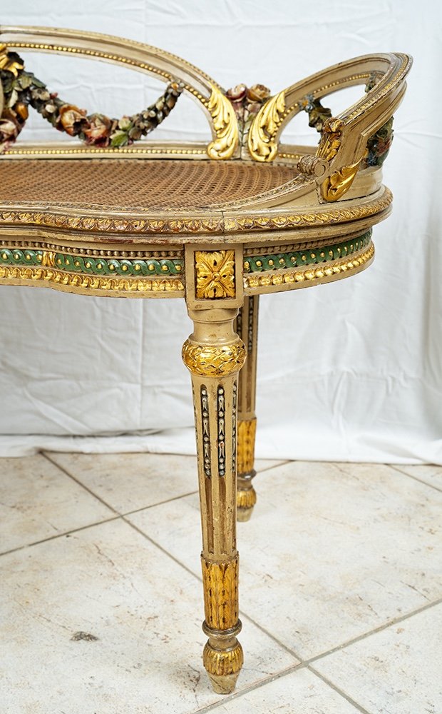 Panchetta antica Napoleone III in legno dorato e dipinto. Francia inizio XX secolo.-photo-4