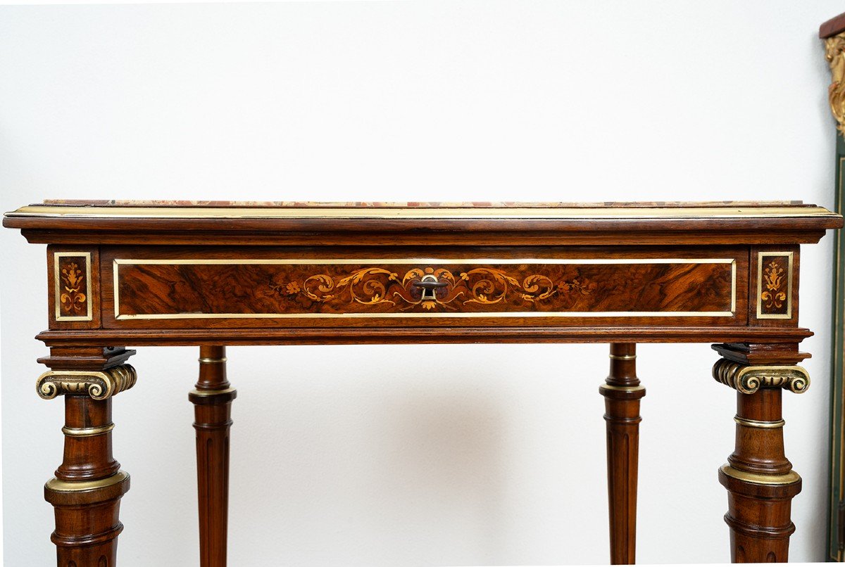 Tavolino antico Napoleone III Francese in massello di mogano con piano in breccia.-photo-3