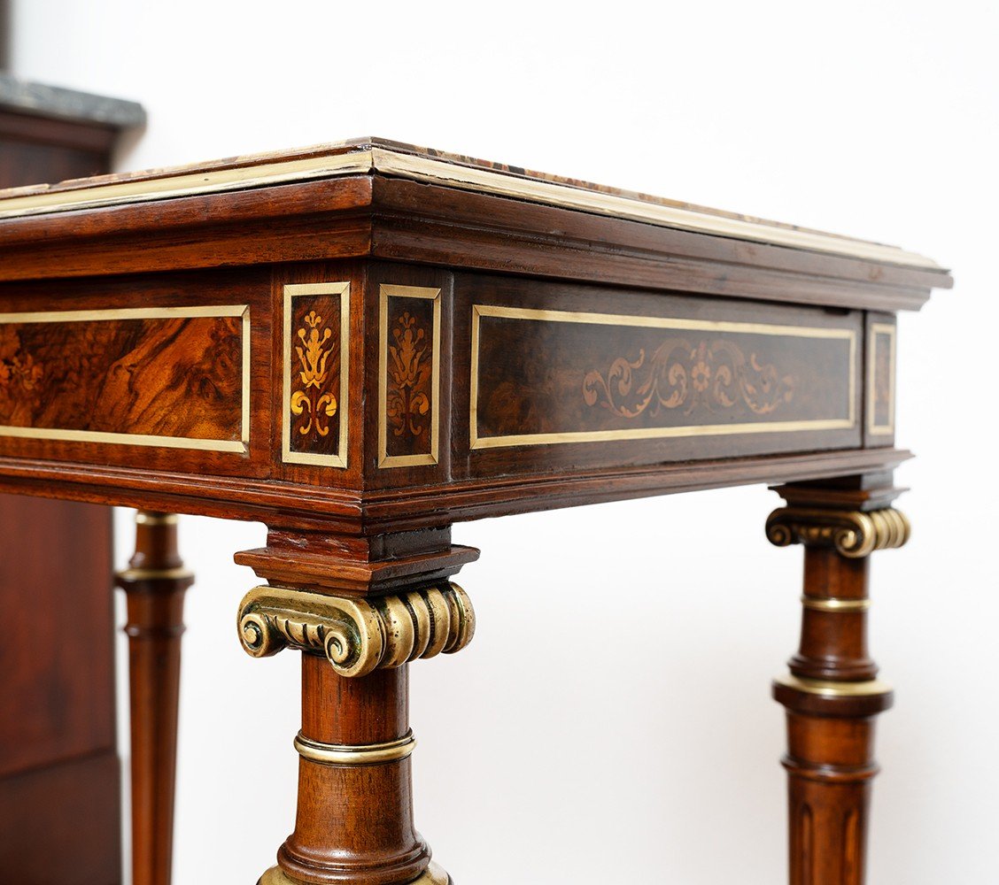 Tavolino antico Napoleone III Francese in massello di mogano con piano in breccia.-photo-4