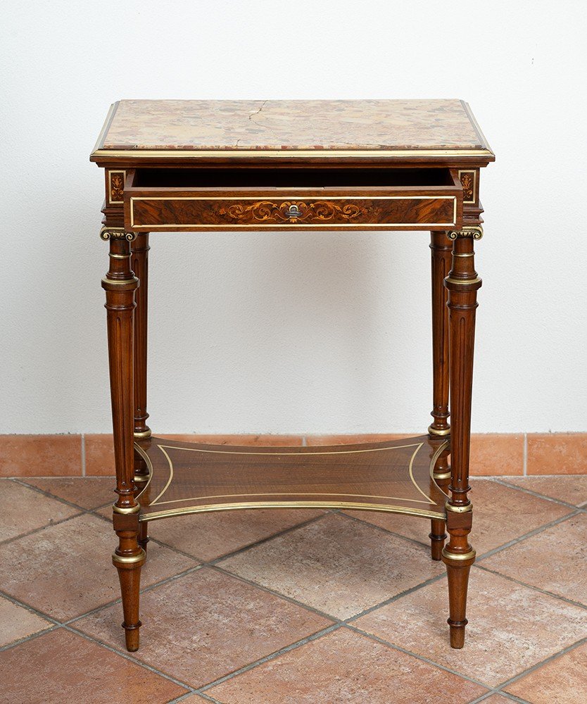 Tavolino antico Napoleone III Francese in massello di mogano con piano in breccia.-photo-1