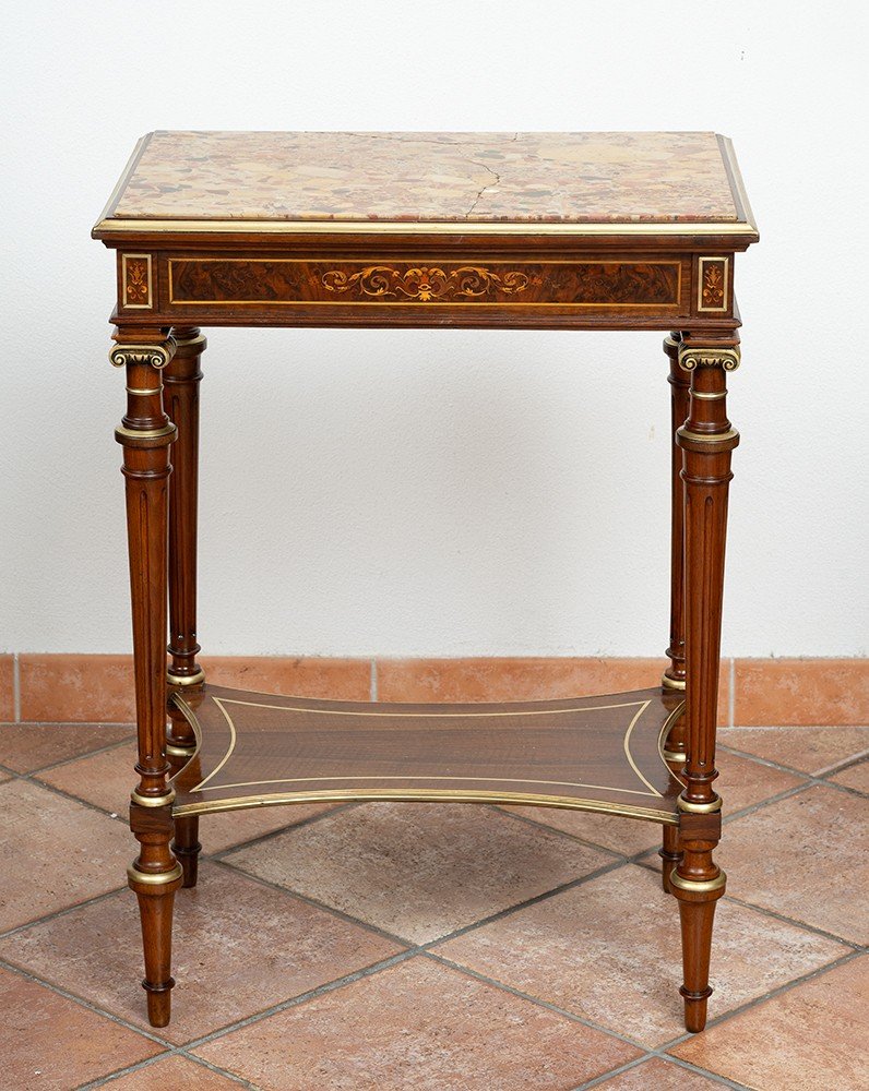 Tavolino antico Napoleone III Francese in massello di mogano con piano in breccia.-photo-2