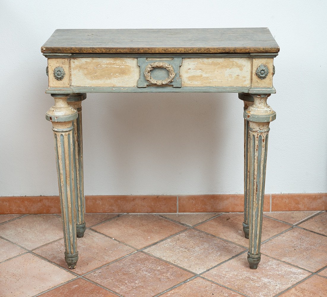 Consolle antica piemontese in legno laccato con piano marmorizzato.-photo-4