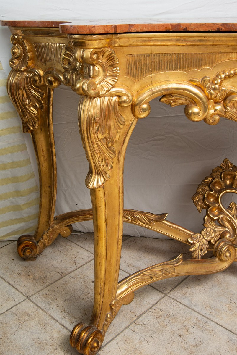 Consolle antica Luigi Filippo Napoletana in legno dorato e intagliato con piano in marmo rosso.-photo-4