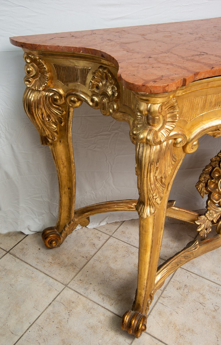 Consolle antica Luigi Filippo Napoletana in legno dorato e intagliato con piano in marmo rosso.-photo-2