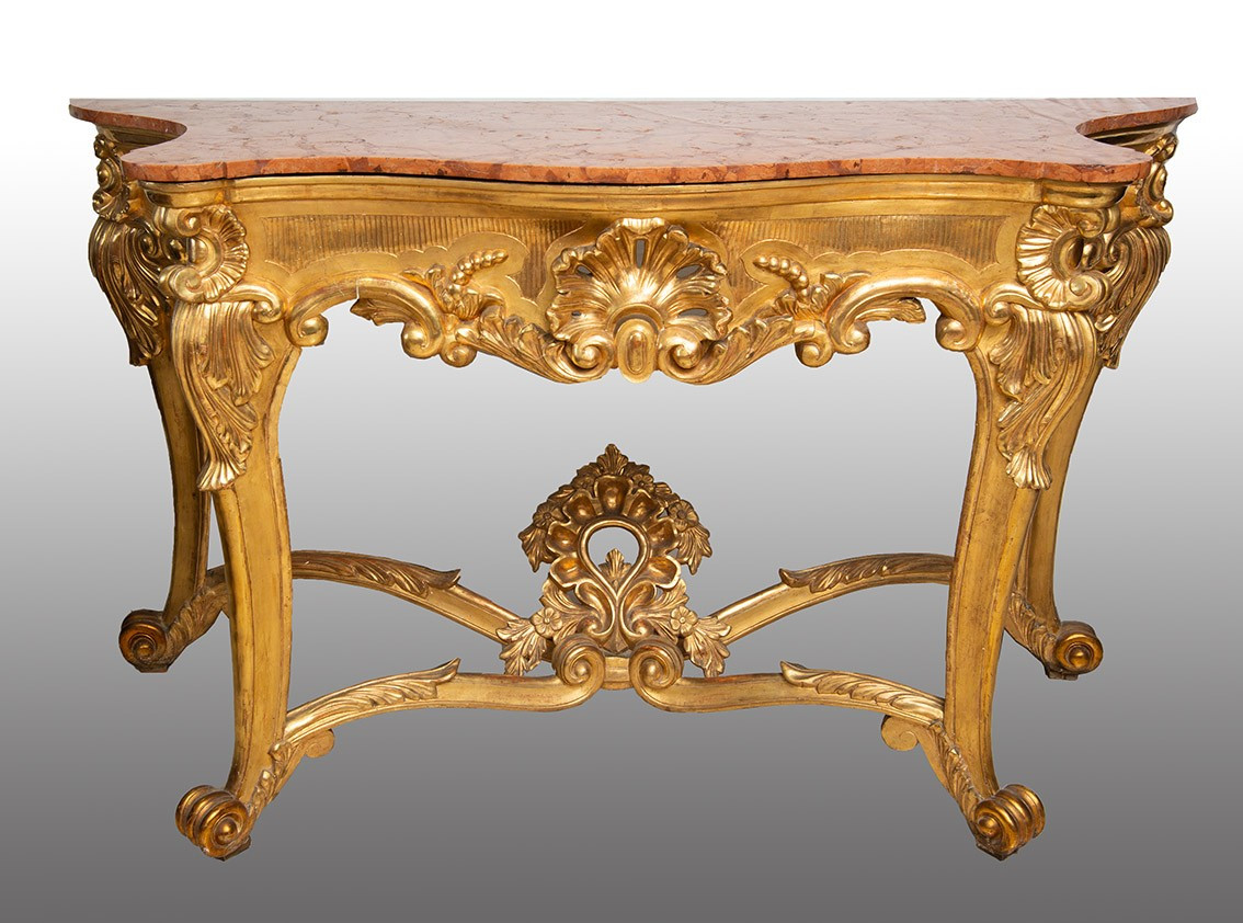 Consolle antica Luigi Filippo Napoletana in legno dorato e intagliato con piano in marmo rosso.-photo-3