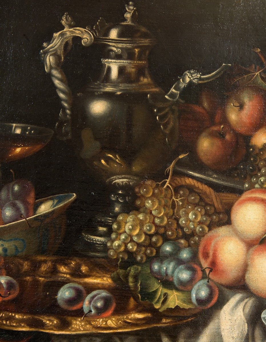 Dipinto antico olio su tela di provenienza Fiamminga raffigurante natura morta con frutta.-photo-2