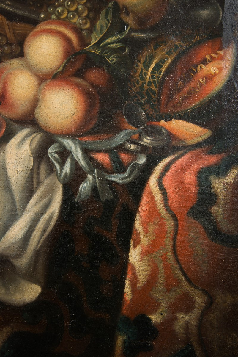 Dipinto antico olio su tela di provenienza Fiamminga raffigurante natura morta con frutta.-photo-3