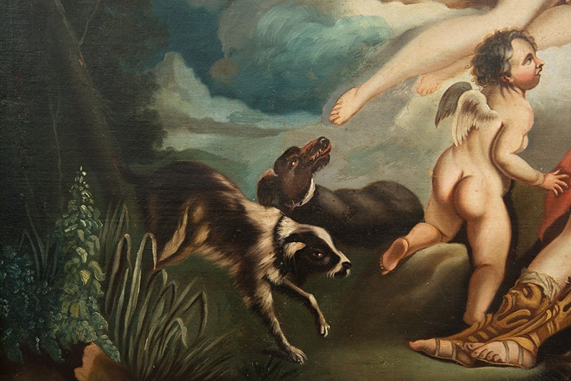 Dipinto antico olio su tela raffigurante Venere e Adone ambito"Boucher". Francia XVIII secolo.-photo-3