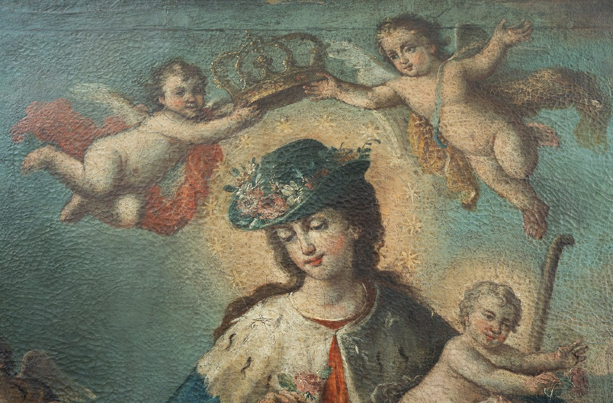Dipinto antico olio su tela raffigurante "La Divna Pastora". Napoli XVII secolo.-photo-2