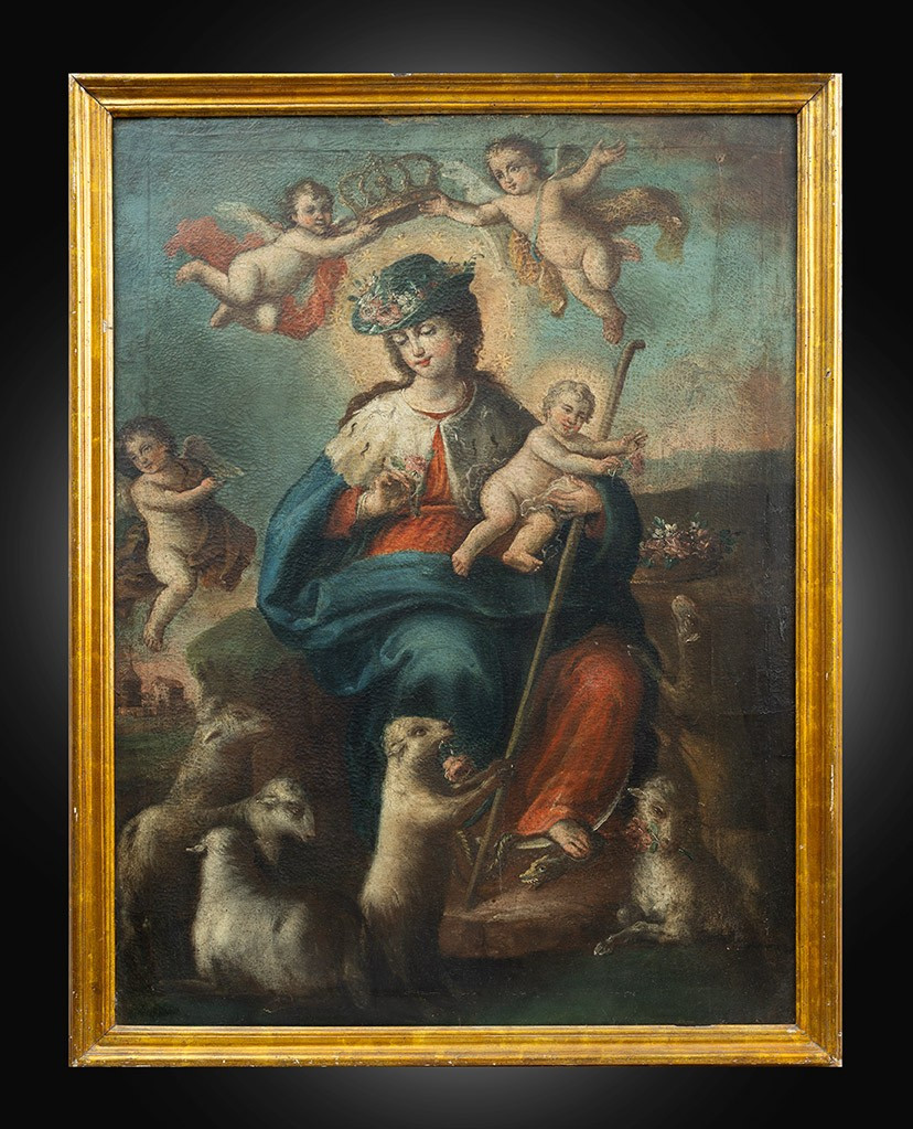 Dipinto antico olio su tela raffigurante "La Divna Pastora". Napoli XVII secolo.