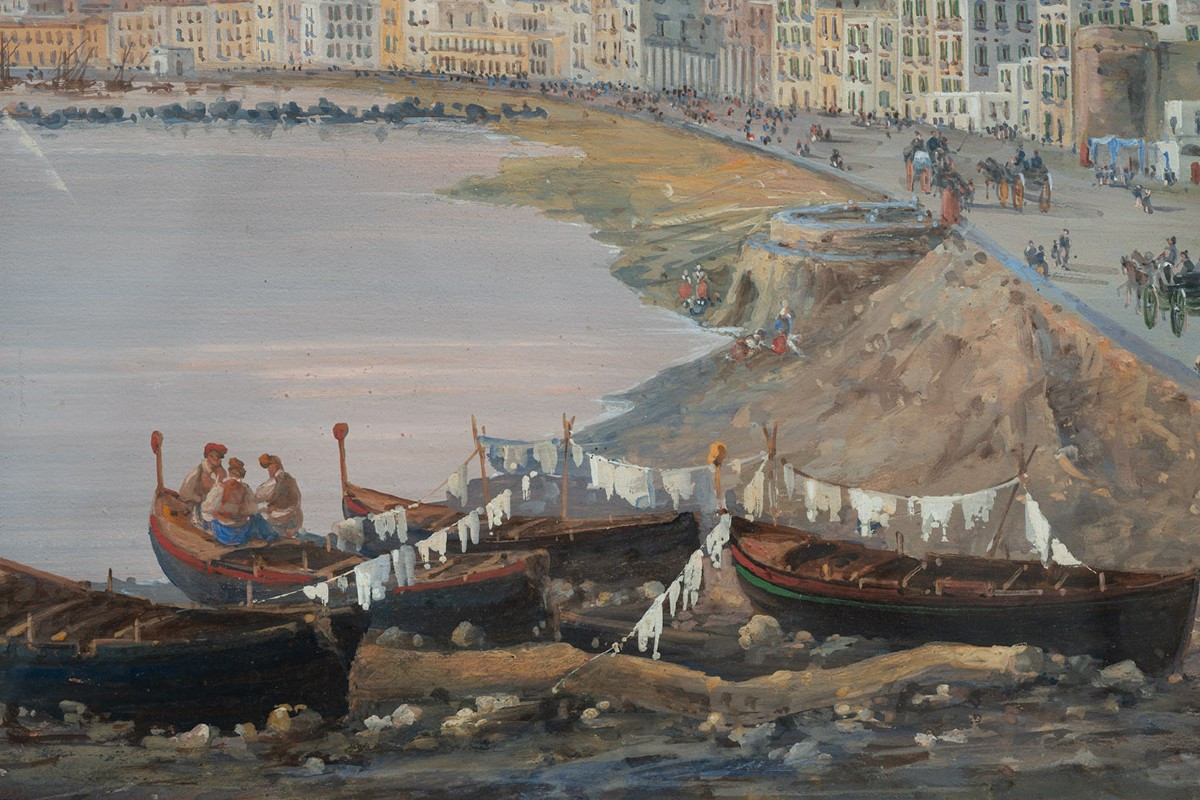 Gouache/Acquerello antico raffigurante veduta di Napoli. Periodo XIX secolo.-photo-1