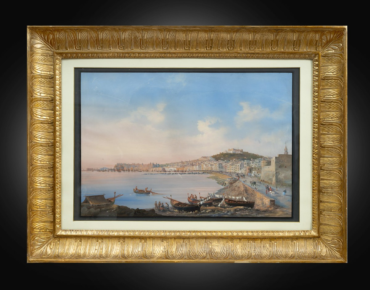 Gouache/Acquerello antico raffigurante veduta di Napoli. Periodo XIX secolo.