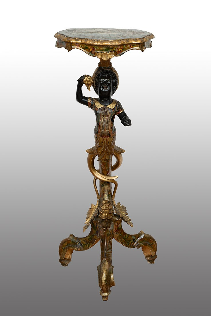 Trespolo antico Veneziano "Blackamoor" in legno laccato e dorato 19secolo