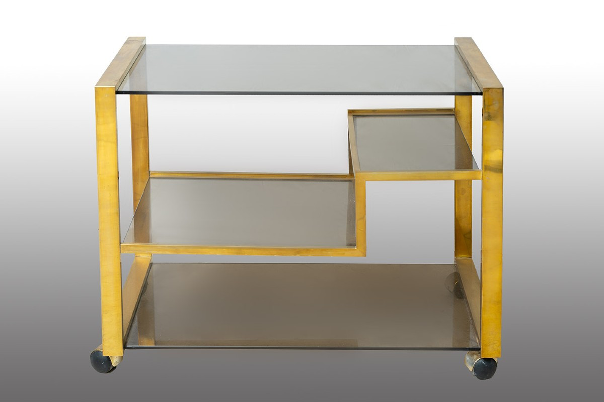 Carrello a più ripiani in ottone e cristallo 20secolo.