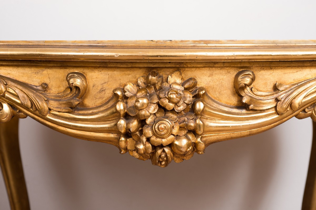 Tavolino in legno dorato e intagliato con piano in onice Napoleone III Francese.Periodo XIX sec-photo-2