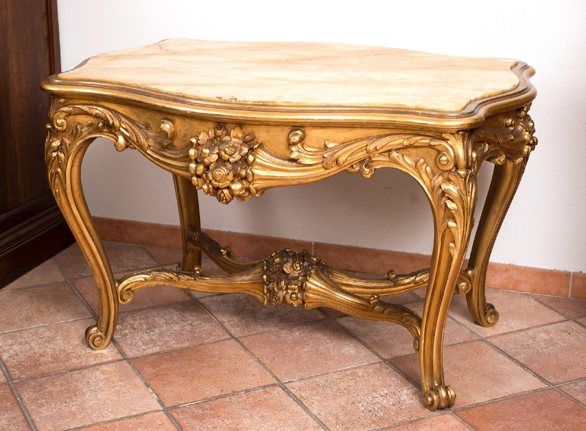 Tavolino in legno dorato e intagliato con piano in onice Napoleone III Francese.Periodo XIX sec-photo-2