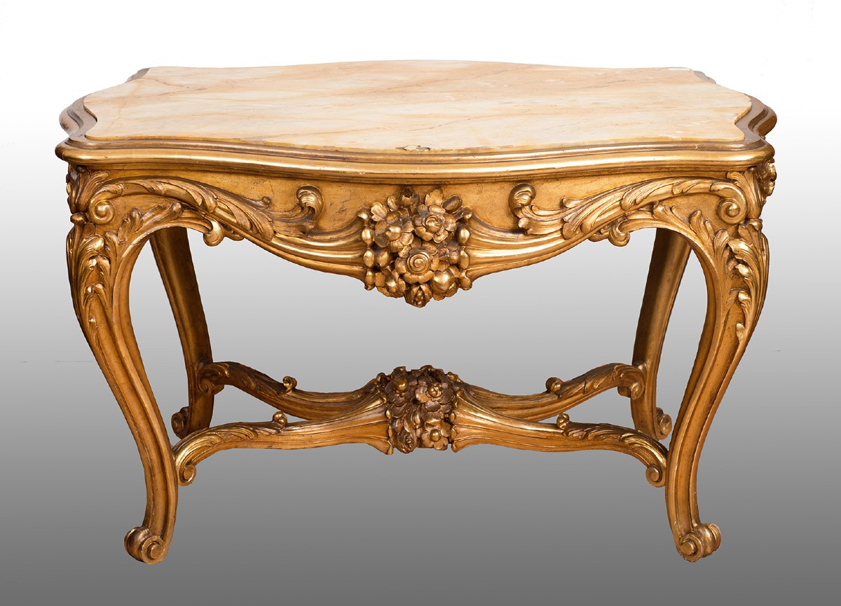 Tavolino in legno dorato e intagliato con piano in onice Napoleone III Francese.Periodo XIX sec