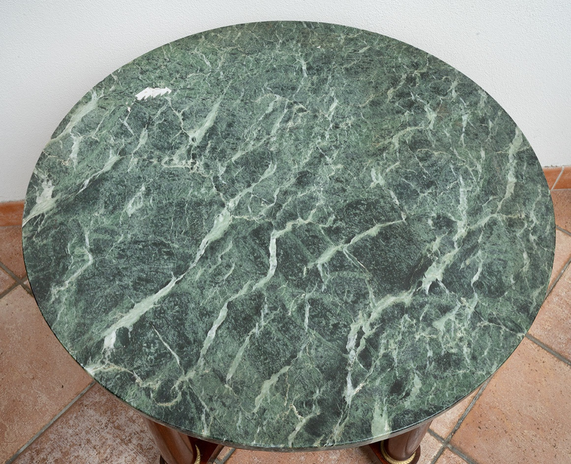 Tavolino antico Impero Francese in piuma di mogano con piano in marmo verde alpi.-photo-3