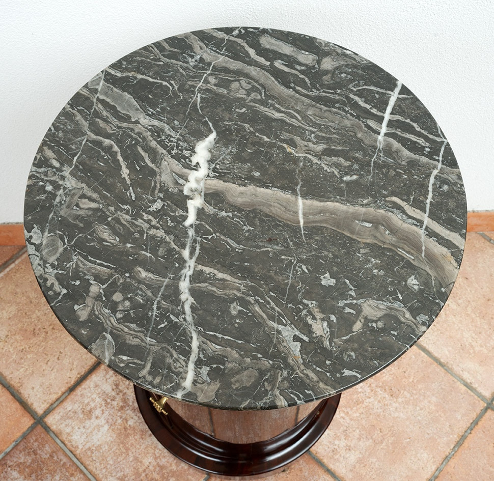 Tavolino/Comodino antico Impero Francese in piuma di mogano con piano in marmo grigio-photo-2