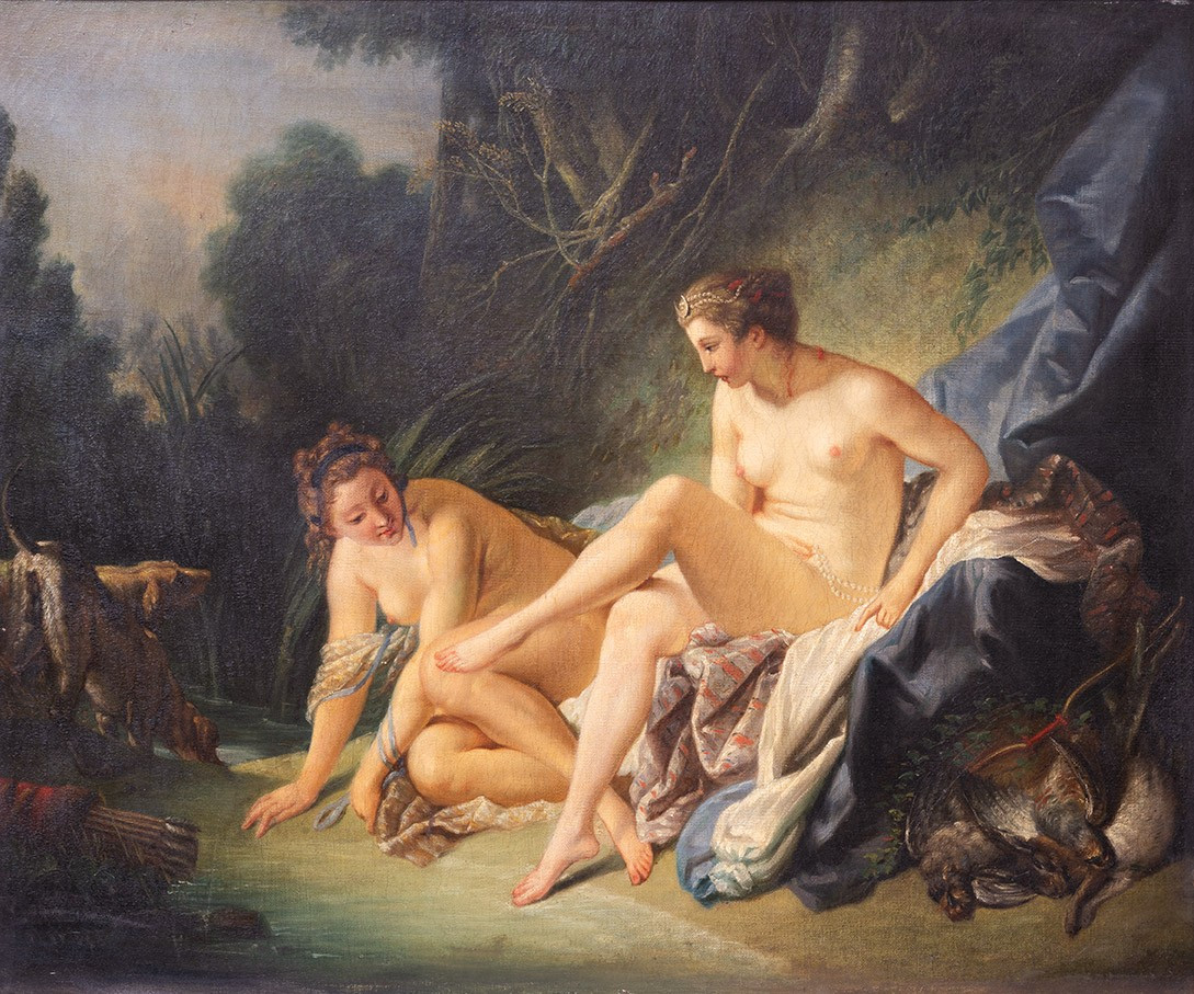 Dipinto antico olio su tella raffigurante "il riposo di Diana" 19secolo-photo-2
