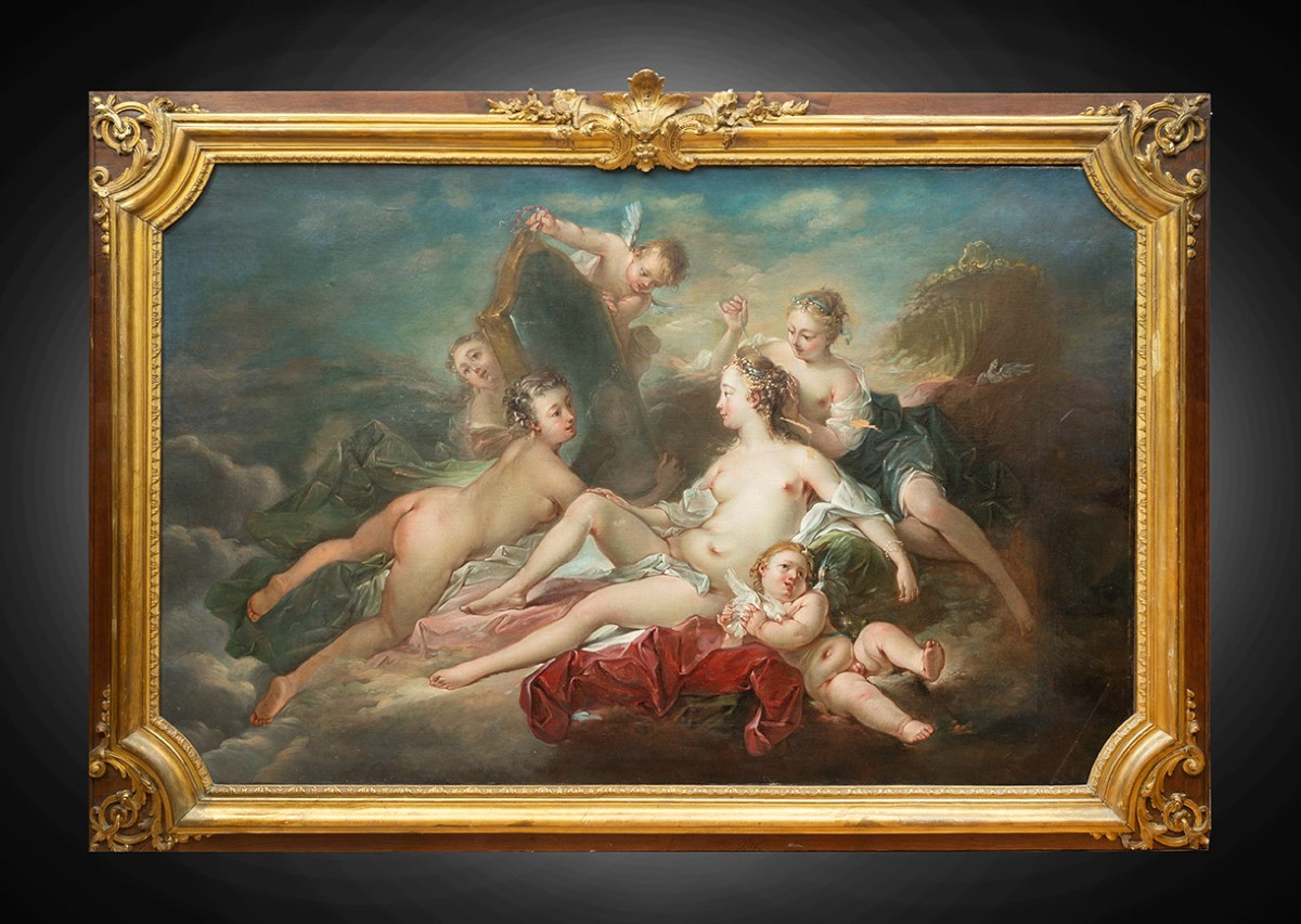 Dipinto antico olio su tela raffigurante "La toletta di Venere" 18secolo Francia-photo-3